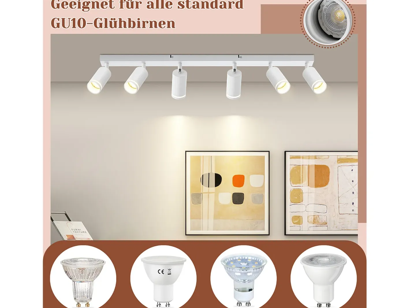 Best NETTLIFE Plafonero de 6 focos moderno: plafonero con foco GU10 giratorio hasta 355° de metal para interiores, para cocina, salón, dormitorio, sin bombilla. Blanco