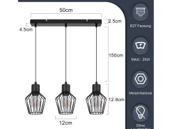 NETTLIFE Suspensión con 3 llamas, suspensión metálica industrial negra, LED E27, metálica. Negro Outlet