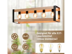 Online NETTLIFE Suspensión de lámpara para comedor vintage de madera negra E27, 5 llamas, mesa para comer industrial. Negro