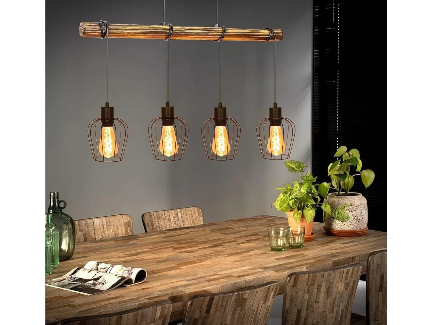 NETTLIFE Suspensión retro, lámpara de suspensión vintage de madera industrial negra E27. Marru00f3n