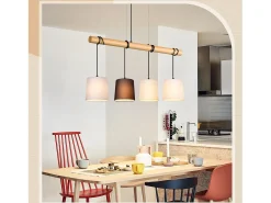 NETTLIFE Lámpara Suspendida-Suspension 4 Ampollas E27 Vintage Diam.80cm multicolor Madera con Tela pantalla para Comedor, Salón, Oficina Negro