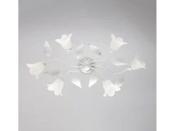 Plafón-Olga - Lámpara de techo en hierro lacado en con decoración. Difusores de plata antigua y cristal d. 14 alabastro 6 luces L. 70 X 52 Blanco