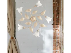 Plafón-Olga - Lámpara de techo marfil con cristal alabastro y acabado oro antiguo, 5 luces Ø70 cm Dorado