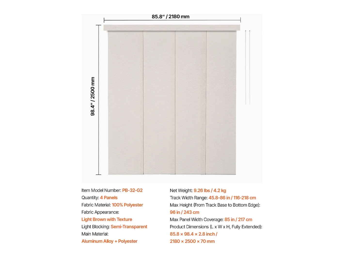 Discount Persiana de Paneles SucceBuy con Riel Extensible, 116-218 cm de Ancho, Panel Japonés Vertical Ajustable hasta 243 cm de Altura, Marrón Claro Beige