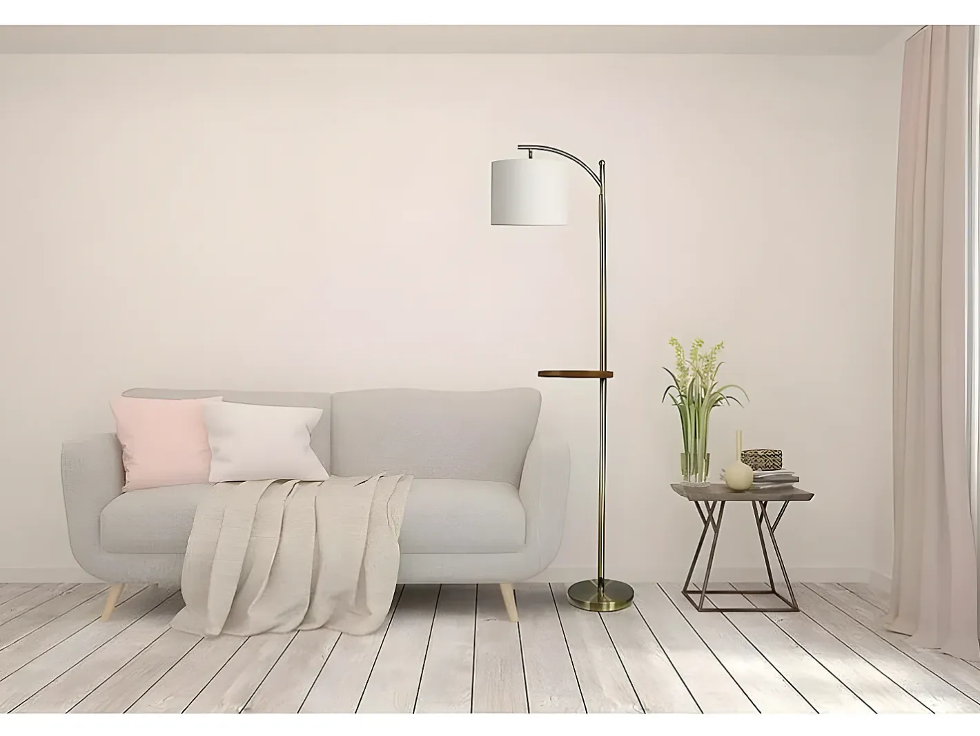 AKUNADECOR Lámpara De Pie-Pie Salon Con Mesita Aux. Seda Cuero 1 Luz Dorado