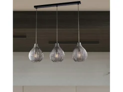 Lámpara Suspendida-Pista Diamante en hierro y estructura cromada con cables orientables y difusores en cristal soplado gris espejo con dec. efecto cristal 3 luces Negro