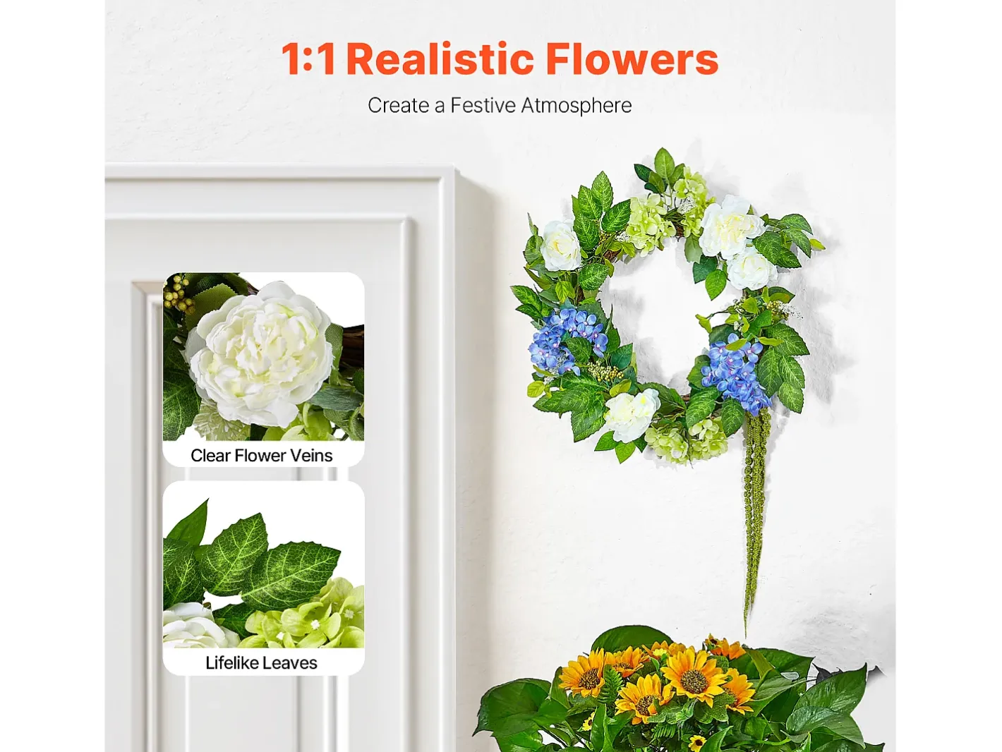 Planta Artificial-Planta Artificial, SucceBuy Corona Artificial de 58 cm (Azul/Blanco/Verde con Hortensias y Rosas) Multicolor