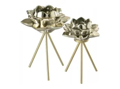 J-Line Portavelas de pie de flor en vidrio dorado de 18 cm de altura Negro