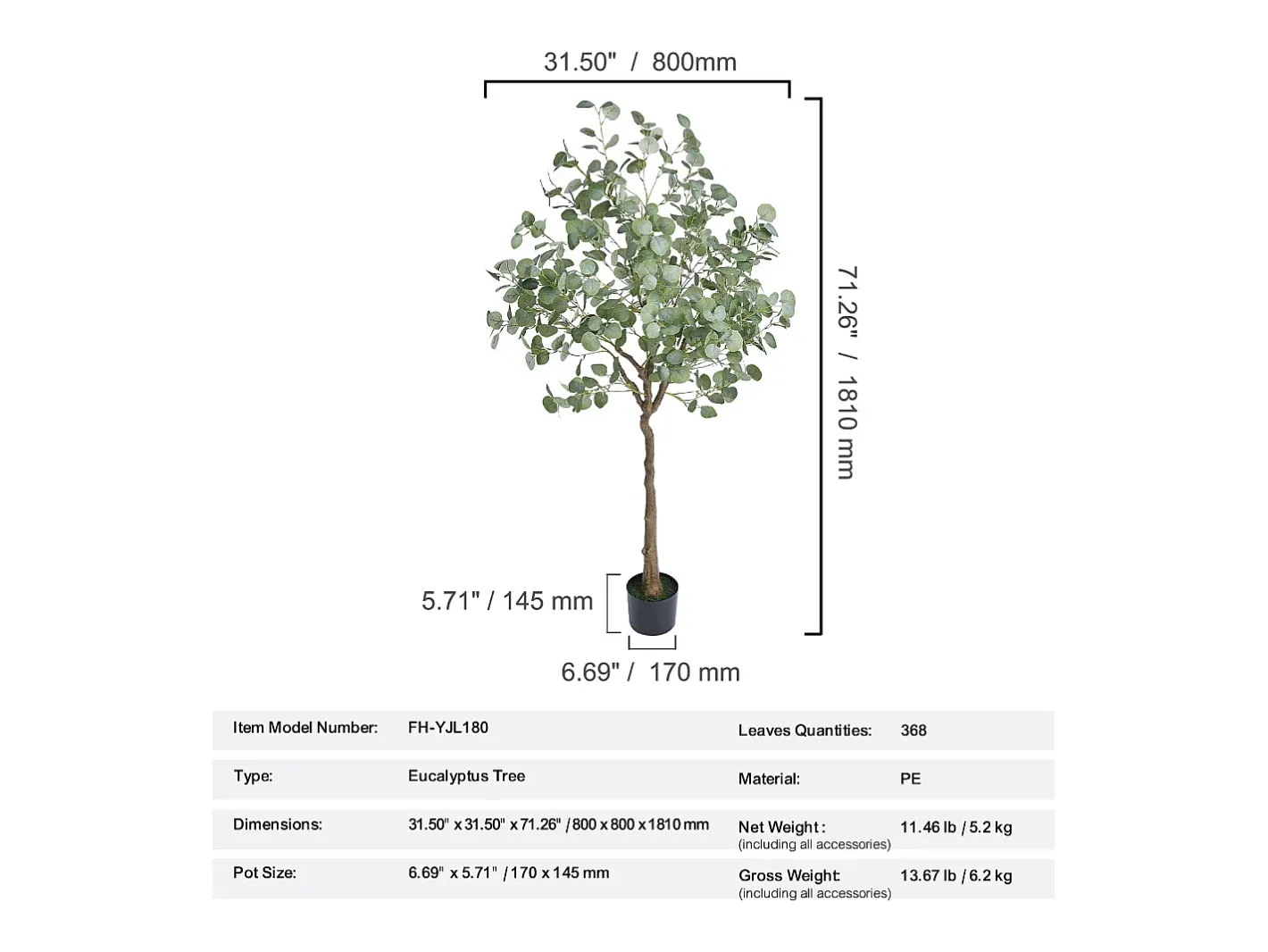 Online Árbol Artificial SucceBuy 181 cm, Planta Artificial PE, para Casa Oficina Centros Comerciales Interior Exterior Verde