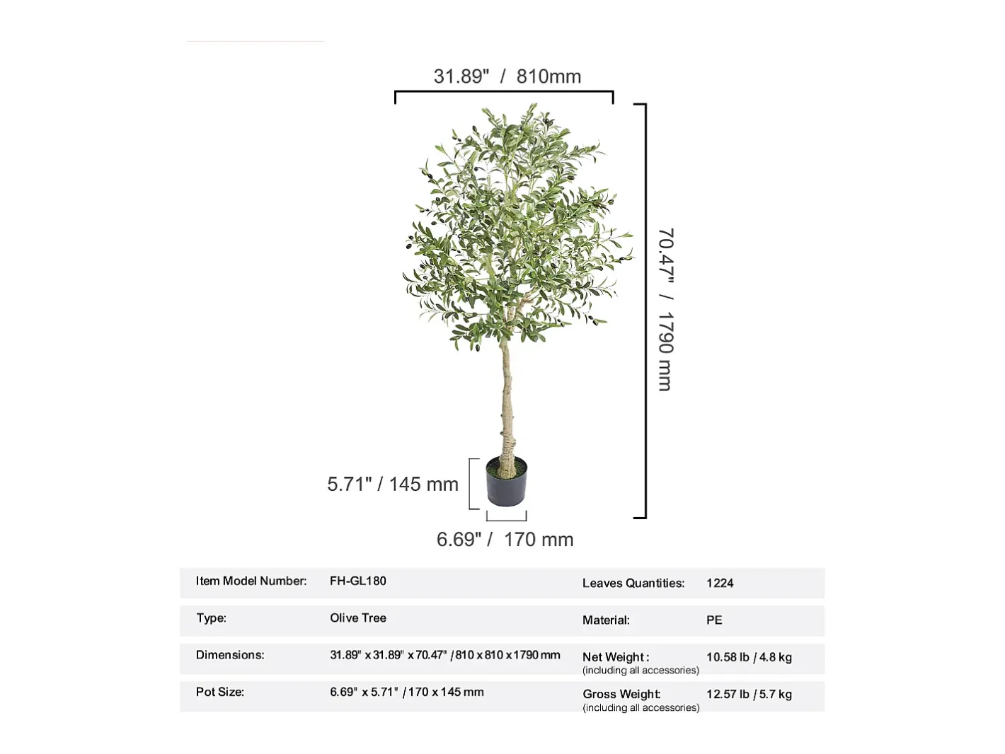Planta Artificial-Árbol Artificial SucceBuy 179 cm, Planta Artificial PE, para Casa Oficina Centros Comerciales Interior Exterior Verde