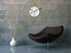 Reloj De Pared-Reloj de pared redondo de metal 80 cm con espejo Stick Dorado