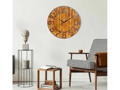 THINIA HOME Reloj De Pared-Reloj de Pared Vintage Negro/Madera Oscura Ø80cm Color natural oscuro