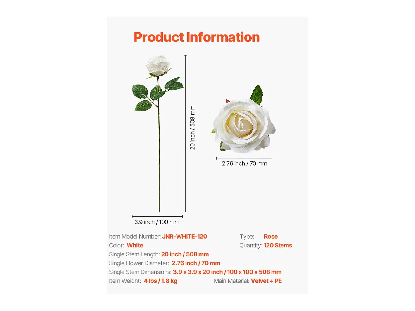 Planta Artificial-Rosa Artificial SucceBuy Flores Artificiales 508 mm, Ramos de Flores Artificiales Aspecto Realista con Cabeza de Rosa de 70 mm, Lote de 120, Blanco