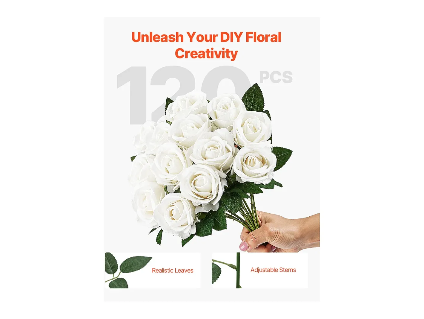 Planta Artificial-Rosa Artificial SucceBuy Flores Artificiales 508 mm, Ramos de Flores Artificiales Aspecto Realista con Cabeza de Rosa de 70 mm, Lote de 120, Blanco