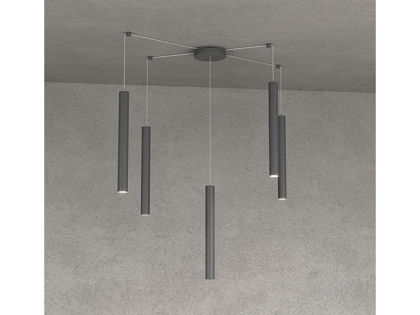 Round Tube Sospensione 5 Luci Grigio Antracite Cavo Cm.250 Con Base Gris