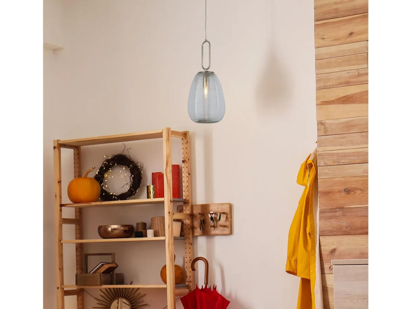 Searchlight 1 ljus ribbad glashnge, klart glas, satinnickel Gris Online
