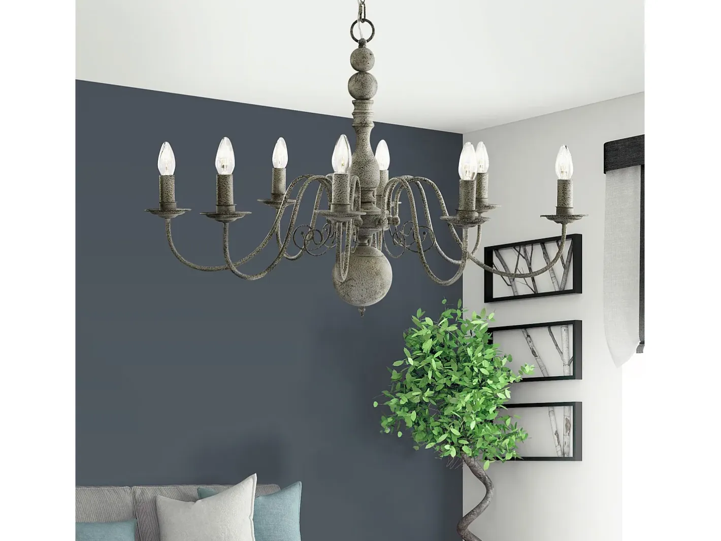 Lámpara Suspendida-Searchlight Greythorne 8 ljus ljuskrona gr finish, E14 Gris
