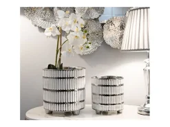 Hot Set de 2 jarrones de cerámica blanca con decoraciones en plata Ray Blanco
