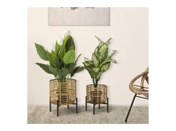 Sale Set de 2 portamacetas redondos de ratán con soporte de metal negro Zeyok Marru00f3n