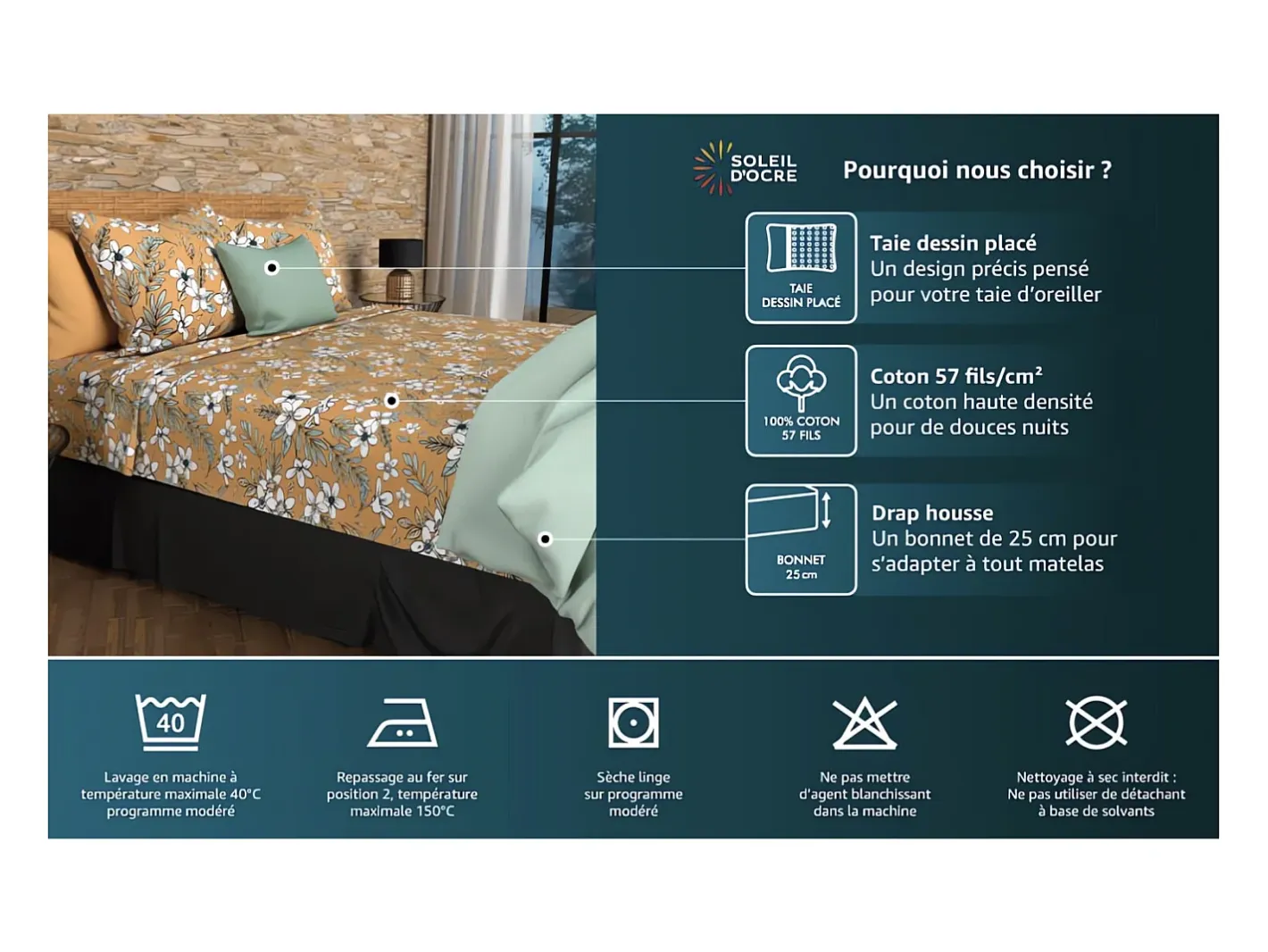 Soleil d'ocre Ropa De Cama-Set de sábanas de algodón 57 hilos 240x290 cm ESMERALDA marine Azul