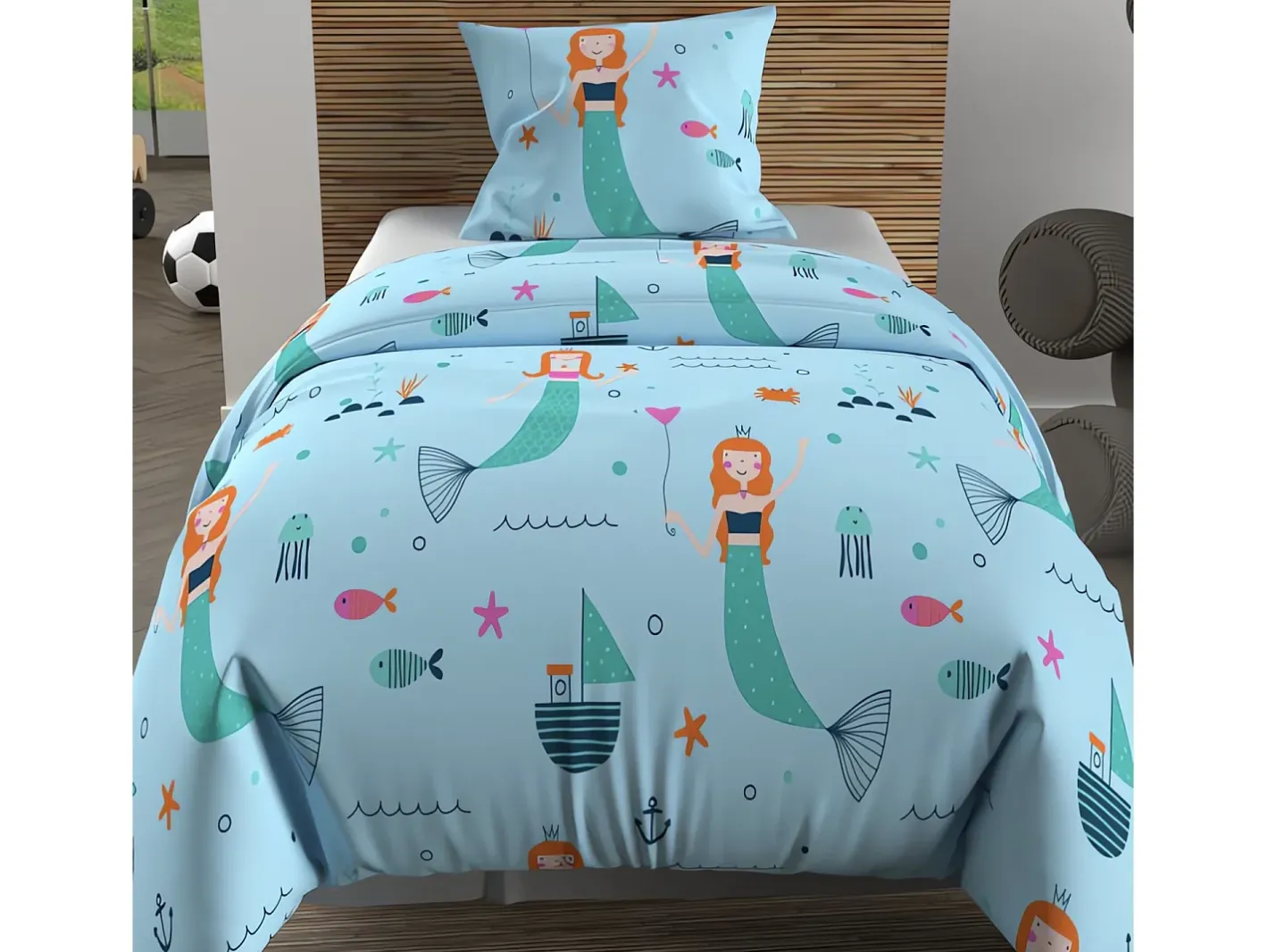 Soleil d'ocre Ropa De Cama-Set funda nórdica 140x200 cm SIRENES , 100% algodón 57 hilos/cm2 Azul