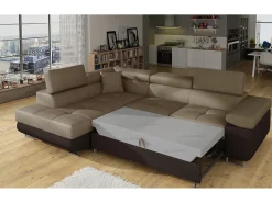 Online Les Tendances Sofá esquinero convertible en terciopelo con reposacabezas elevables - Colección Marka-Marrón/Marrón claro-Ángulo izquierdo Marru00f3n
