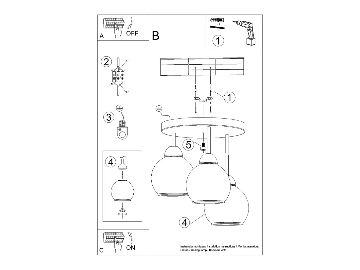 Sollux Lighting Lámpara Suspendida-Sollux Alino Lámpara de techo semiempotrable multi brazos negra Negro