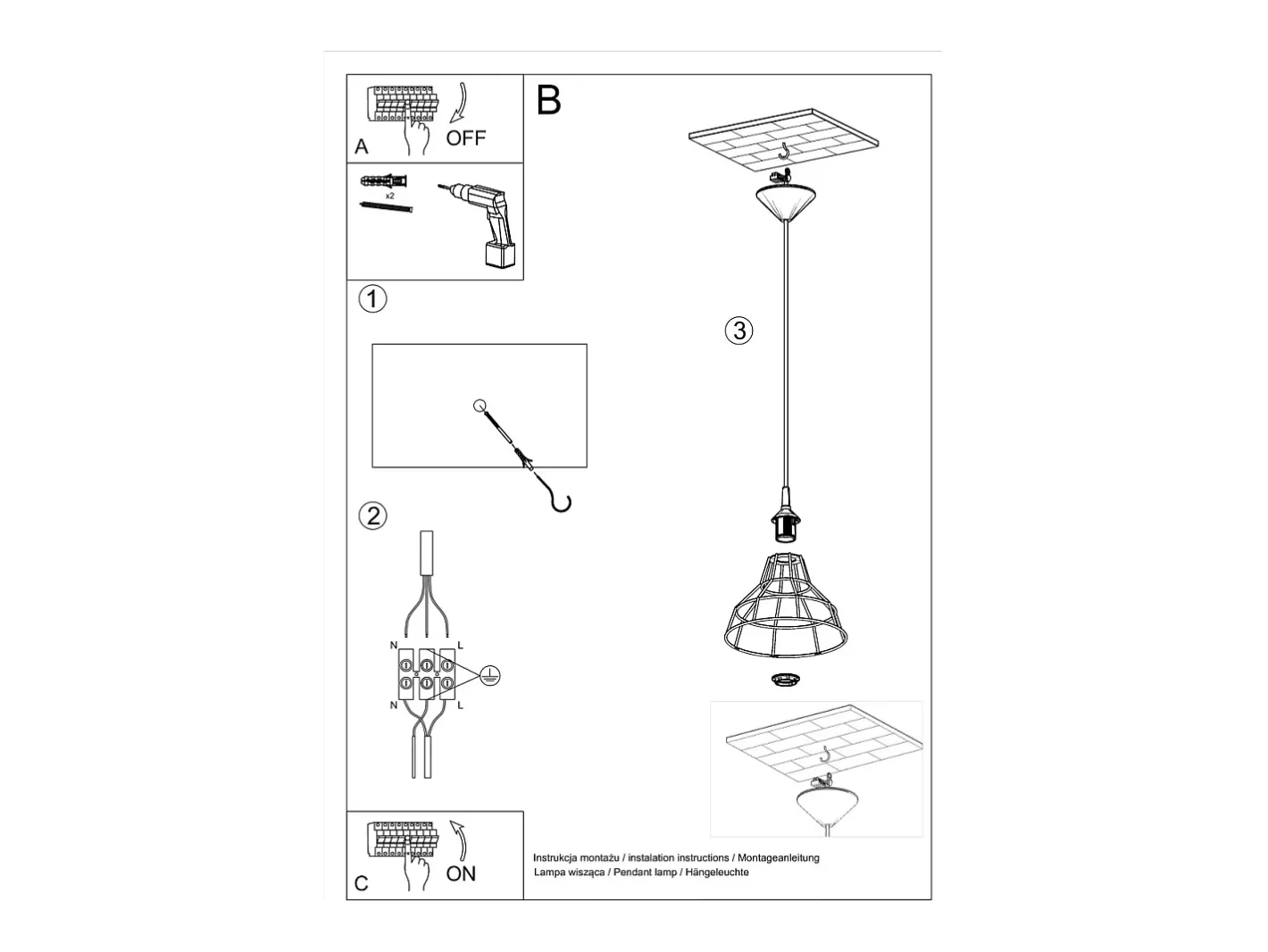 Sollux Lighting Lámpara Suspendida-Sollux ANATA - 1 lámpara colgante de techo con jaula negra, E27 Negro