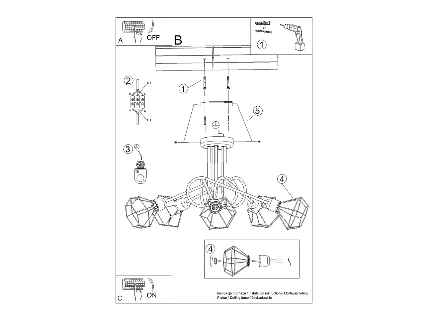 Sollux Lighting Lámpara Suspendida-Sollux Artemis Lámpara de techo semiempotrable multi brazos negra Negro
