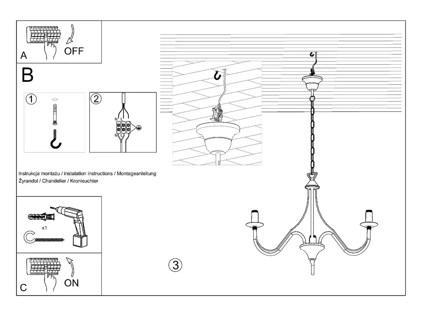 Sollux Lighting Lámpara Suspendida-Sollux MINERWA - Lámpara de araña de tres brazos con 3 luces , E14 Negro