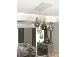 Lámpara Suspendida-Sosp. Bianco 7 Luci Rettangolare Vetri (4 Piccoli (1Xam+1Xbr+1Xfu+1Xtr)+3 Medi (1Xam+1Xbr+1Xfu)) Blanco