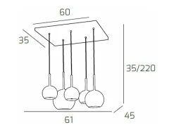 Lámpara Suspendida-Sosp. Cromo Rettangolare 5 Luci Vetri (1 Grande+1 Medio+3 Piccolo) Tutti Oro Dorado