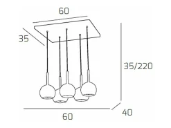 Clearance Sosp. Cromo Rettangolare 5 Luci Vetri Tutti Piccolo Ambra Plateado
