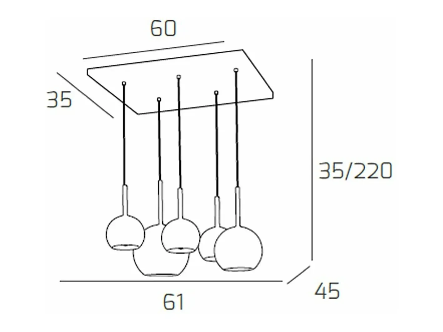 Lámpara Suspendida-Sosp. Cromo Rettangolare 5 Luci Vetri (1 Grande Cr+1 Medio Cr+3 Piccolo (1X Cr+2X Tr)) Plateado
