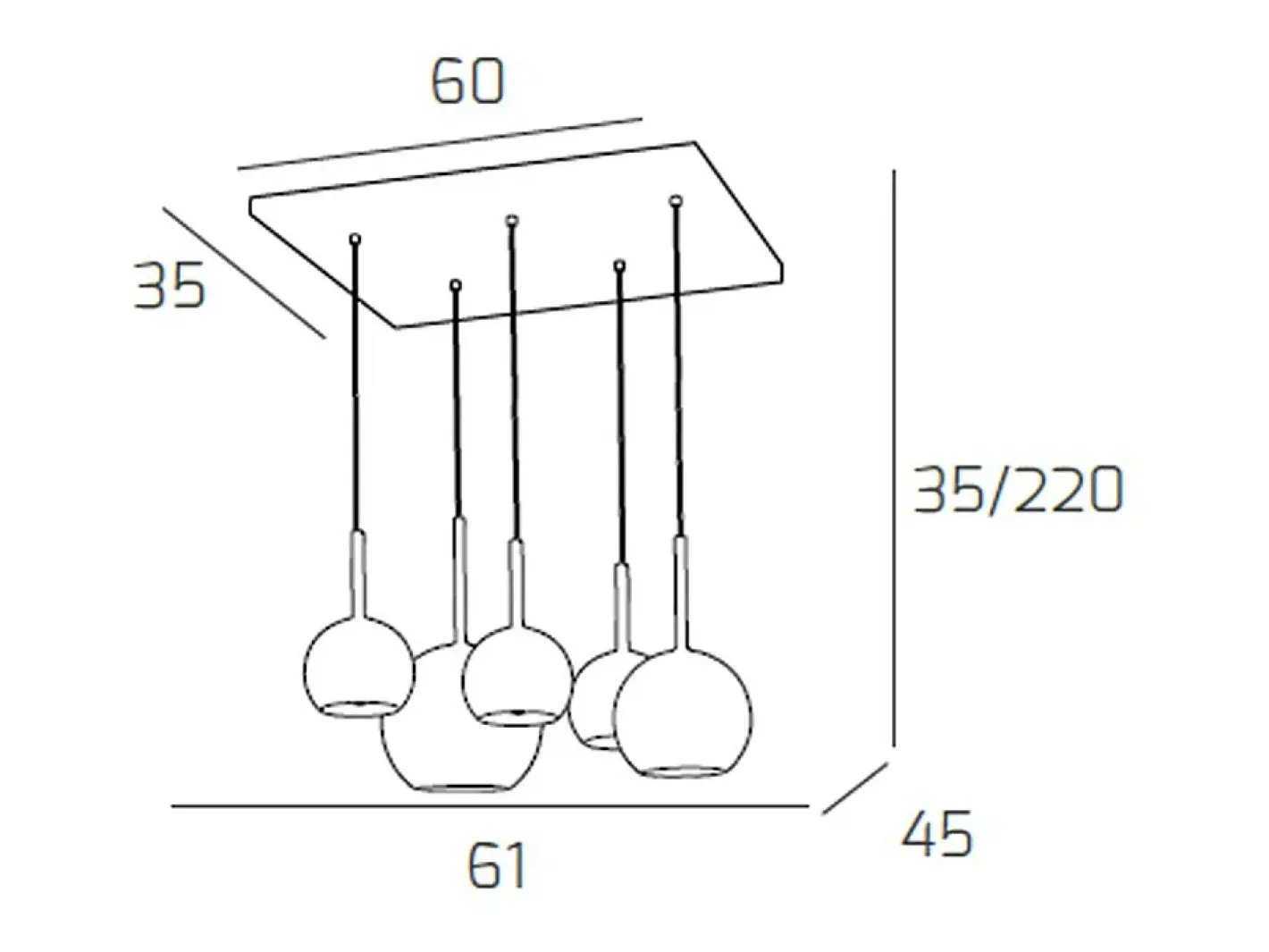 Lámpara Suspendida-Sosp. Cromo Rettangolare 5 Luci Vetri (1 Grande Am+1 Medio Am+3 Piccolo (1X Am+2X Tr)) Plateado