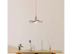 Sospensione 1 Luce Anemone In Ferro Laccato Avorio E Ceramica Decorata Marfil Hot