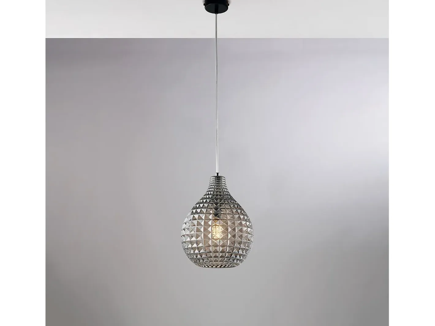 Sospensione 1 Luce Diamante In Ferro Nero E Vetro Soffiato Grigio Specchiato Negro Hot