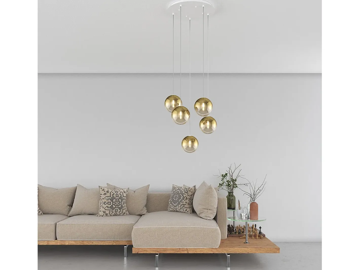 Sospensione Bianco 5 Luci Tonda Vetri Oro Dorado
