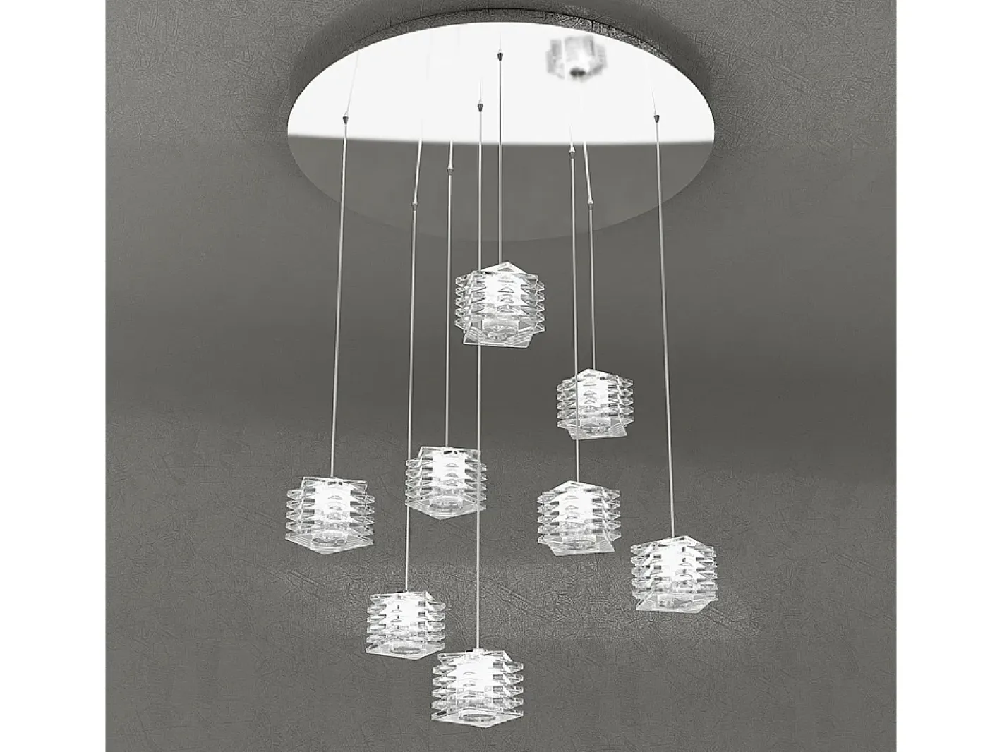 New Sospensione Contemporanea Rubik Metallo Cromo Diffusore Cristallo 8 Luci G9 Blanco