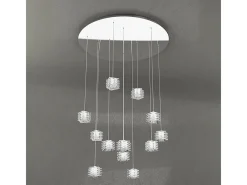 Discount Sospensione Contemporanea Rubik Metallo Cromo Diffusore Cristallo 12 Luci G9 Blanco