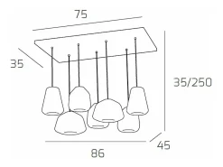 Lámpara Suspendida-Sospensione Cromo 7 Luci Rettangolare Vetri (Alpha 2X Tr) (Beta 2X Tr) (Gamma 3X Fu) Plateado