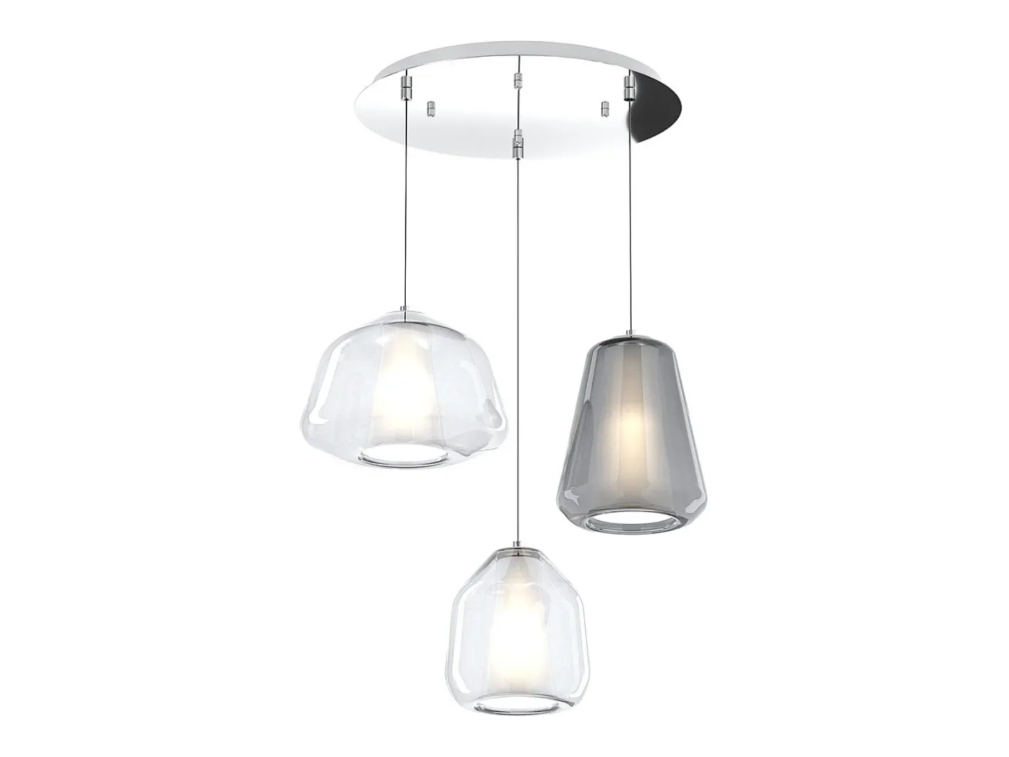 Lámpara Suspendida-Sospensione Cromo 3 Luci Tonda Vetri Alpha Tr + Beta Tr + Gamma Fu Gris