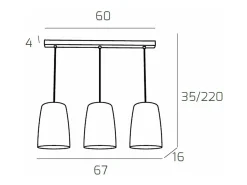 Lámpara Suspendida-Sospensione Cromo Rettangolare 3 Luci (2 Ra + 1 Cr) Cobrizo