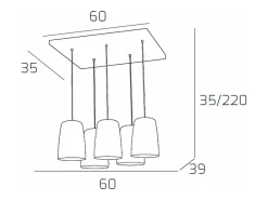 Lámpara Suspendida-Sospensione Cromo Rettangolare 5 Luci (3 Ra + 2 Cr) Cobrizo