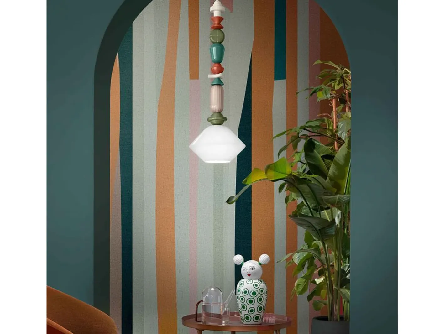 Ferroluce Lámpara Suspendida-Sospensione Grande Vintage Decò Lariat Ceramica Bianco Latte 1 Luce E27 Blanco