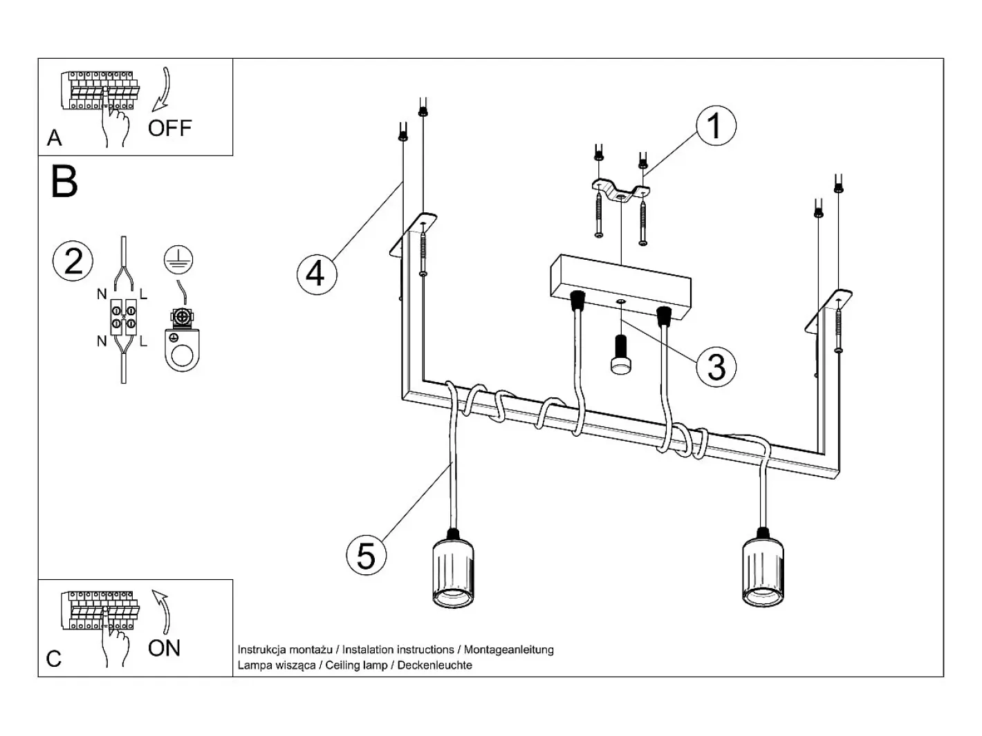 New Sollux Lighting Sospensione Moderna Barra Dritta 2 Luci Nero E27 Colgante moderno de barra recta 2 luces E27 Negro