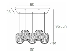 Lámpara Suspendida-Sospensione Ottone Sat. 5 Luci Rettangolare Vetri 2X Tr + 3X Am Transparente