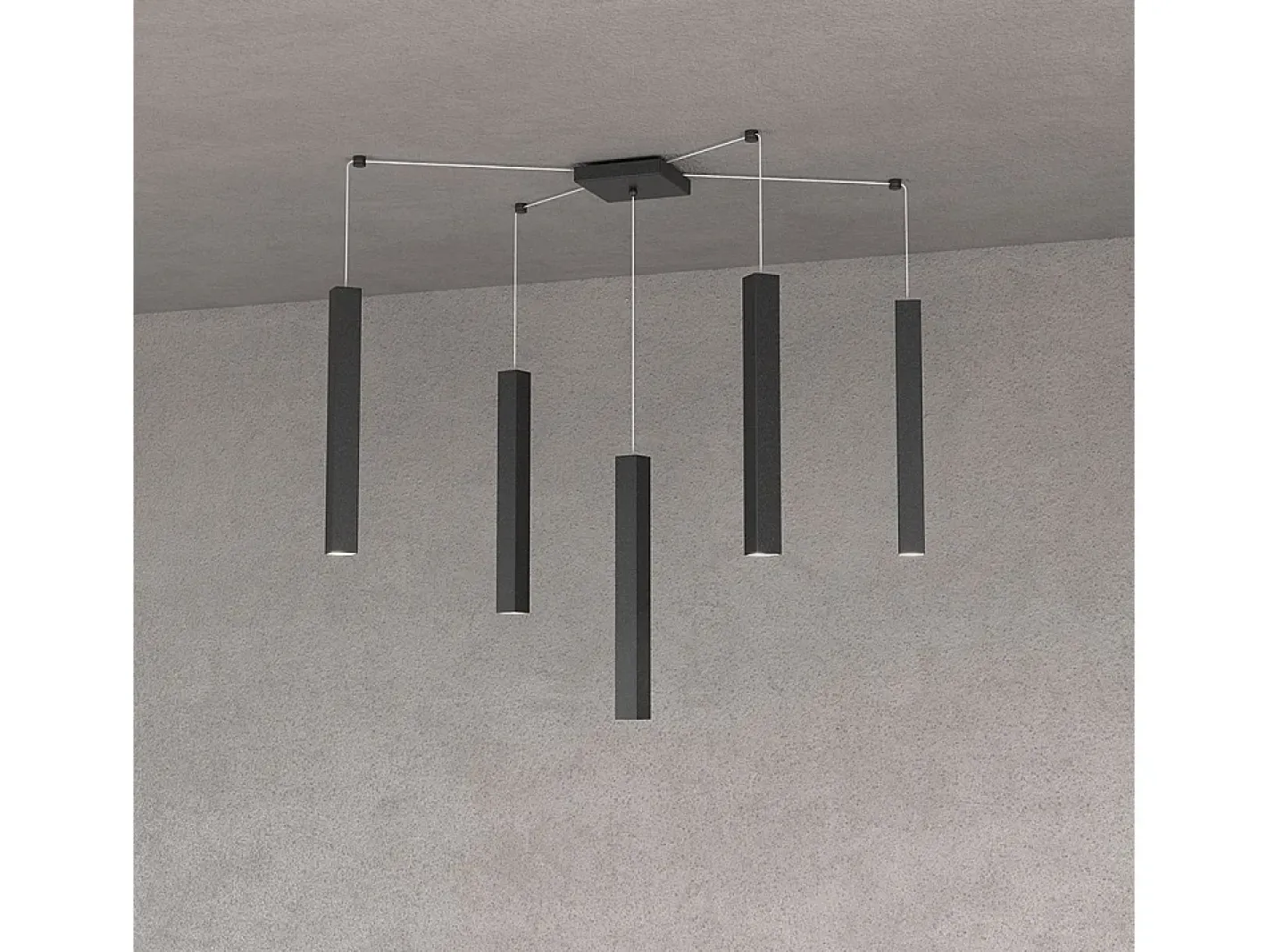 New Square Tube Sospensione 5 Luci Nero Cavo Cm.250 Con Base Negro