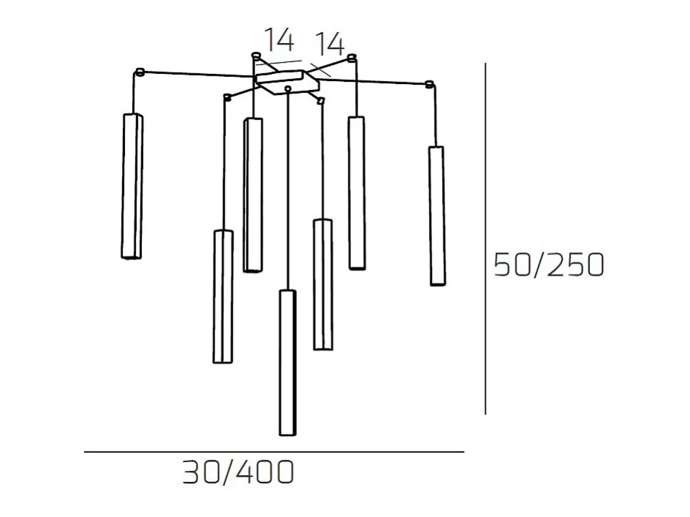 Lámpara Suspendida-Square Tube Sospensione 7 Luci Grigio Cavo Cm.250 Con Base Gris