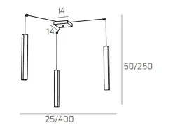 Lámpara Suspendida-Square Tube Sospensione 3 Luci Nero Cavo Cm.250 Con Base Negro